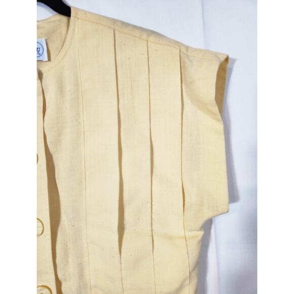 Vintage 80s Small $75 Butter Yellow Union Made Pleated Button Front Sheath Dress - Picture 3 of 8